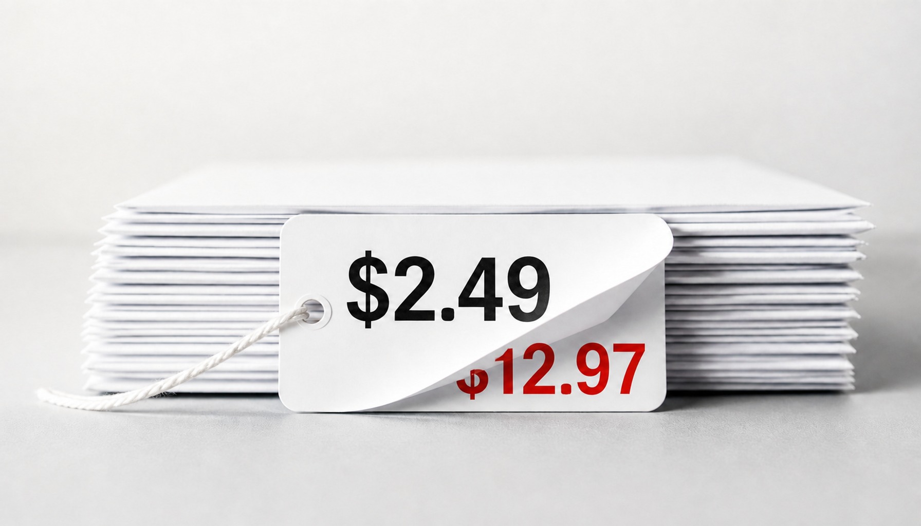 Price tag peeling back to reveal hidden costs, illustrating how much a mailing list really costs