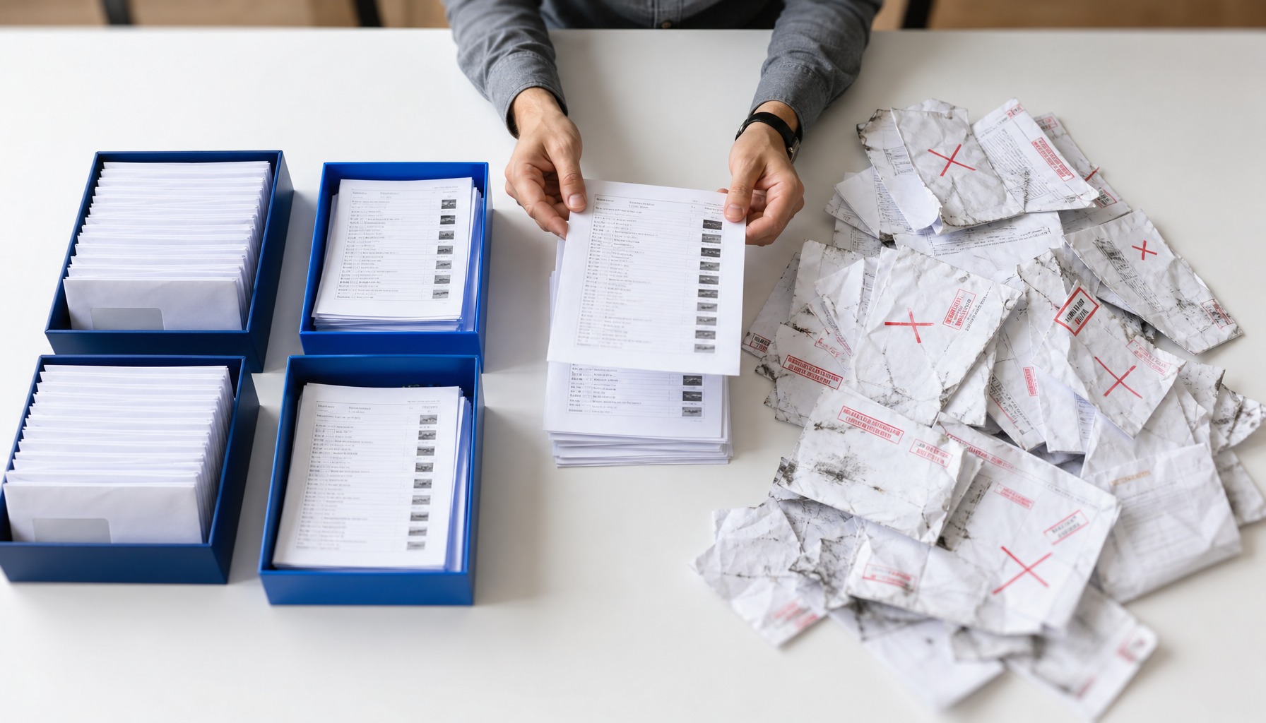 Hands sorting mailing list records, separating organized contacts from returned undeliverable mail