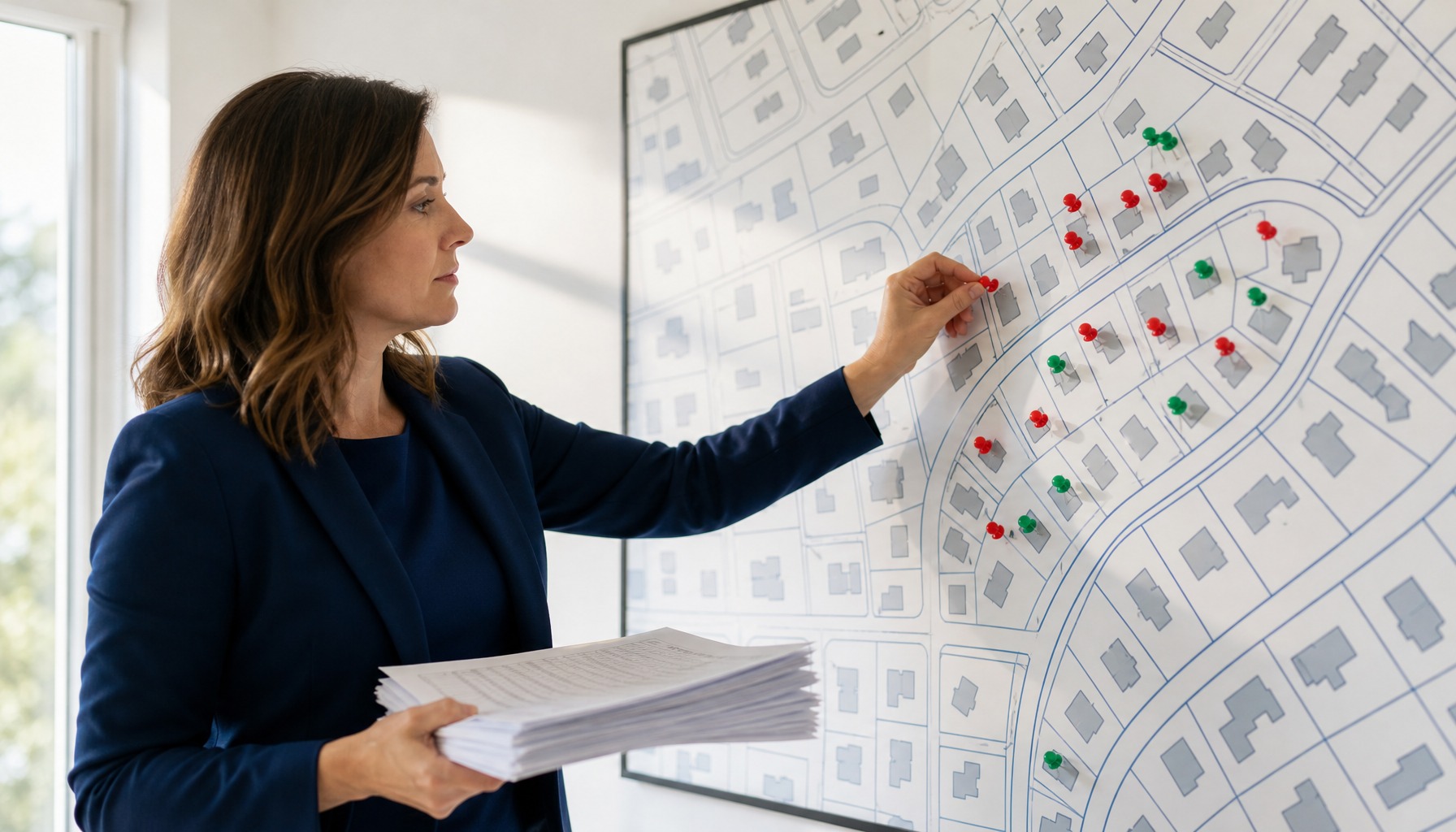 Real estate agent placing pins on a neighborhood map, showing how to get listings as a realtor through data-driven targeting